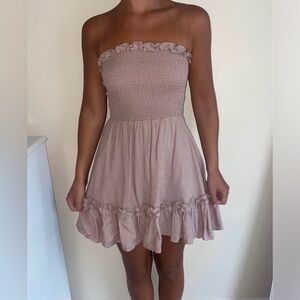 The Impeccable Pig Taupe Strapless Ruffle Mini Dress